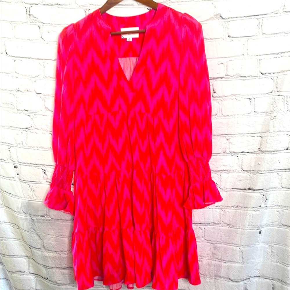 Tuckernuck Pomander Place Red & Pink Long Sleeve Tiered Dress Size Small